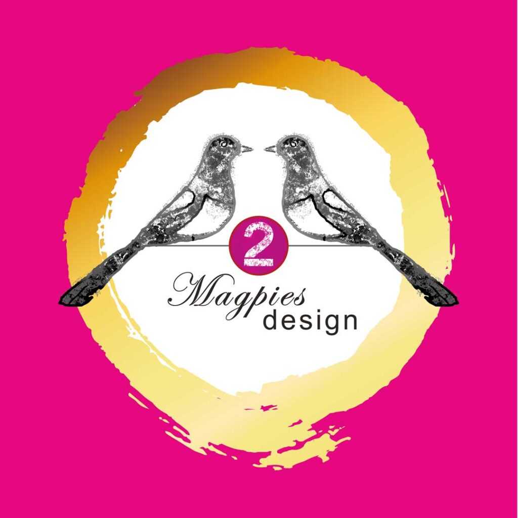 Previous logo at 2 Magpies Design - magenta and gold